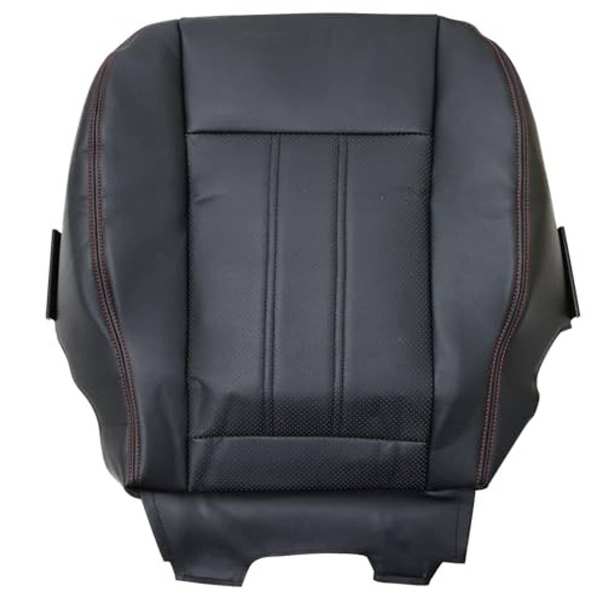 Black leather replacement seat bottom cover with red stitching and side attachment tabs