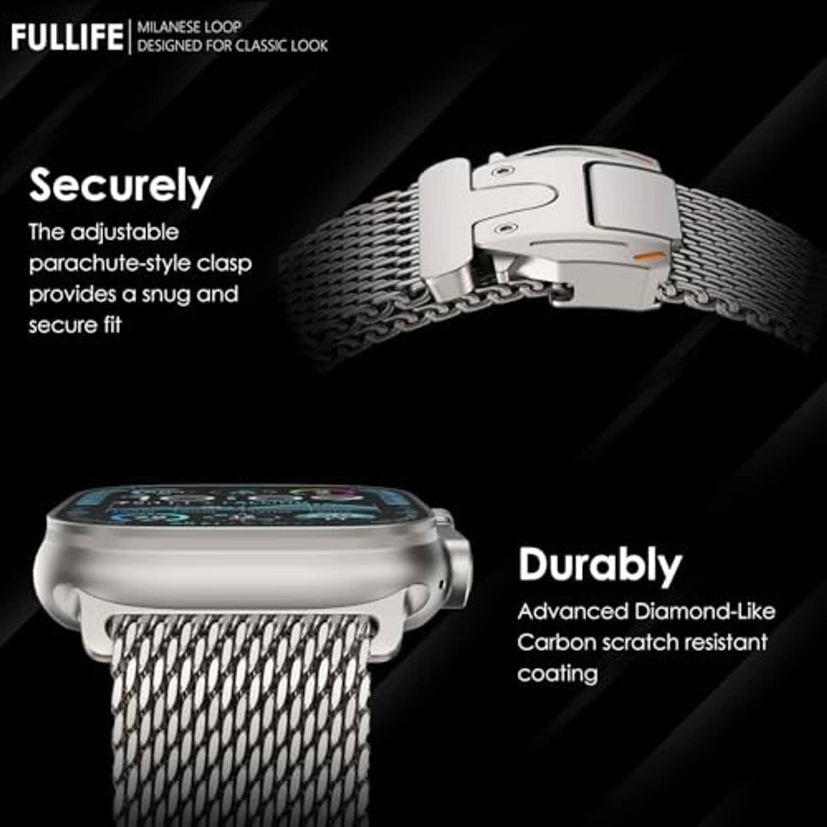 Silver Milanese mesh loop watch band with secured clasp, shown top view