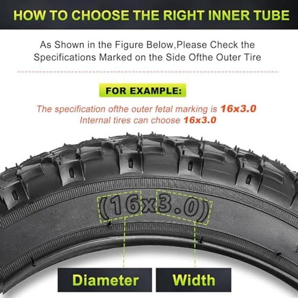 16x3.0 inner tube size guide showing diameter and width