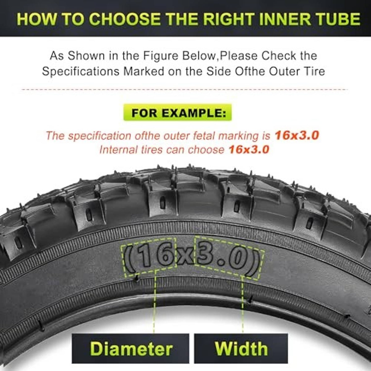 16x3.0 inner tube size guide showing diameter and width