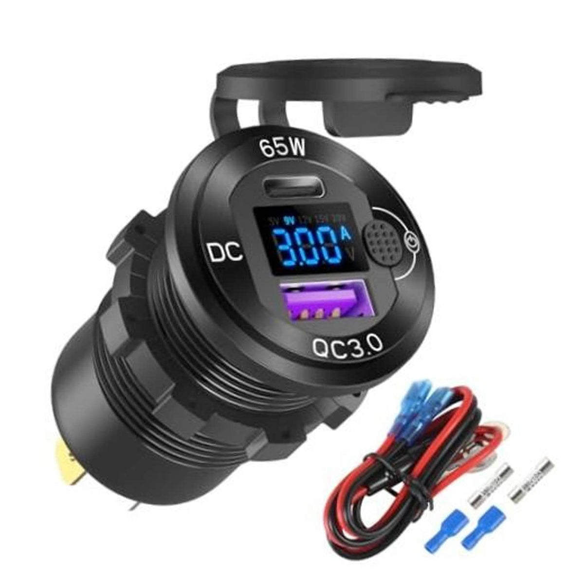 Black 12V car USB charger with LED display and QC3.0 dual USB ports, 65W
