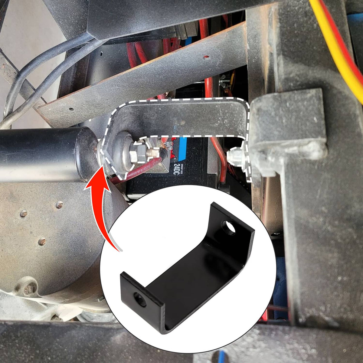 Lift block bracket mounted on golf cart frame near front suspension hardware