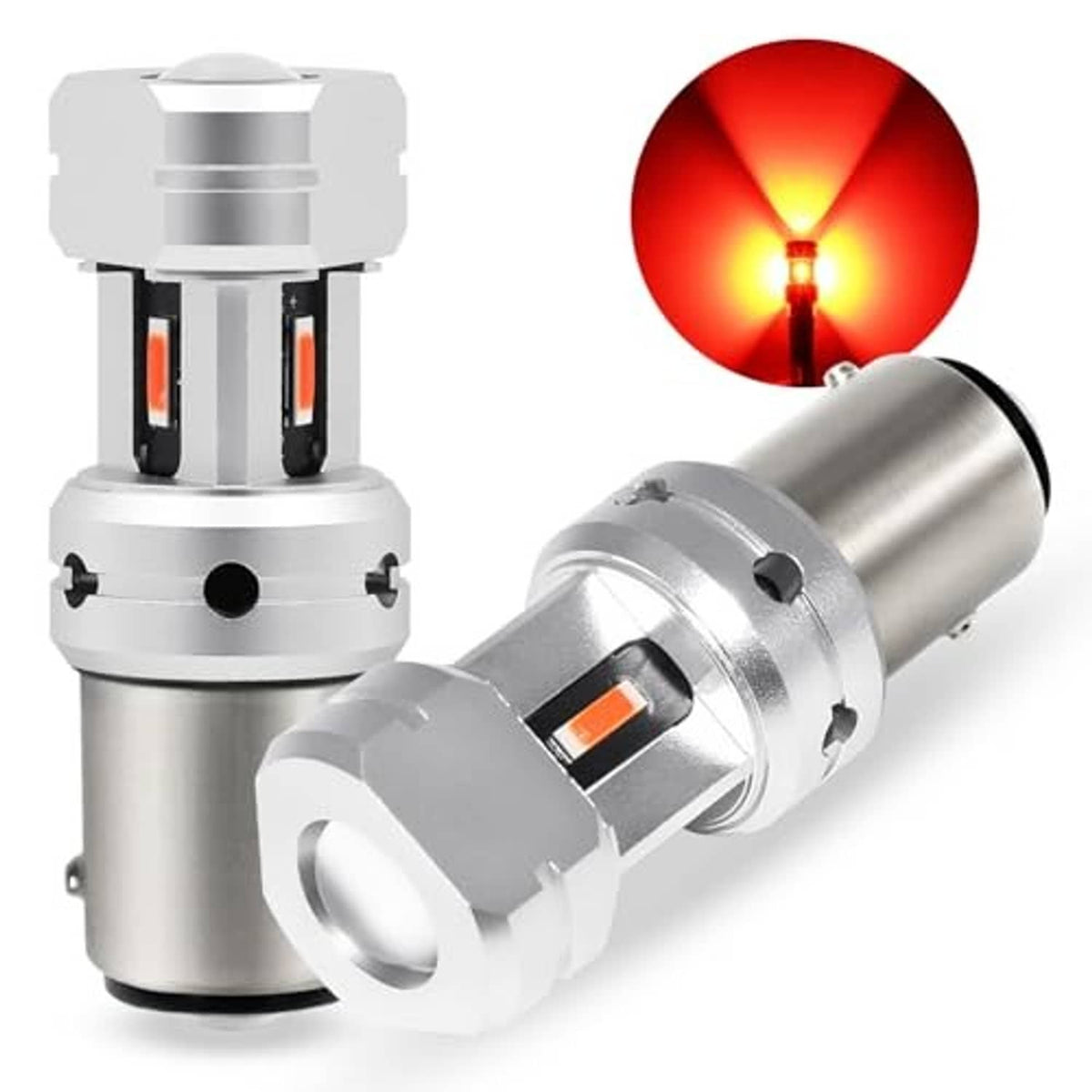 LED brake light bulb with white housing and red LED glow, shown at an angle