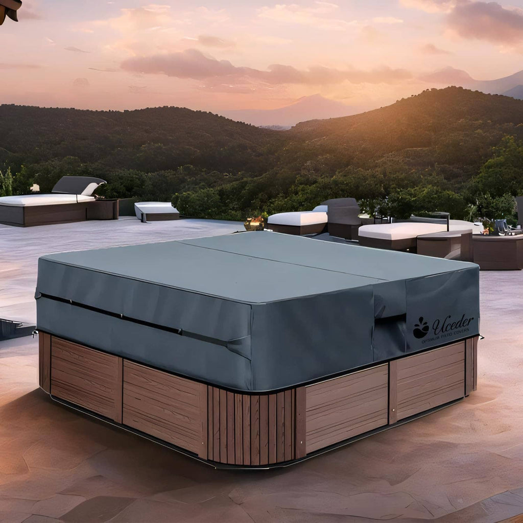 Hot tub cover draped over wood-sided hot tub with dark gray top panel