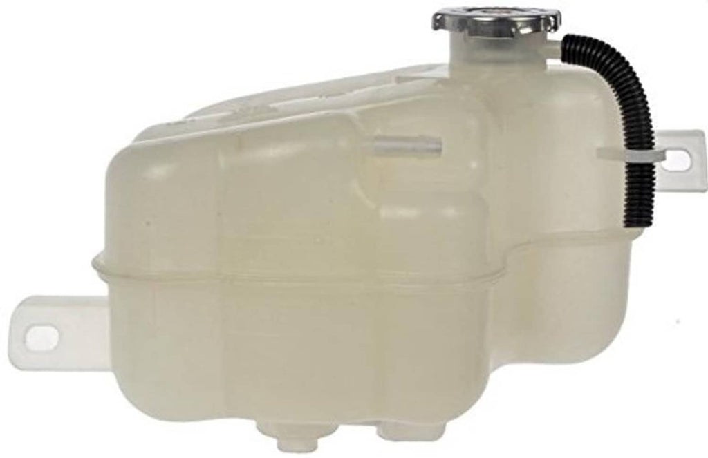 Pressurized coolant reservoir with cap, translucent tank and black hose on bracket