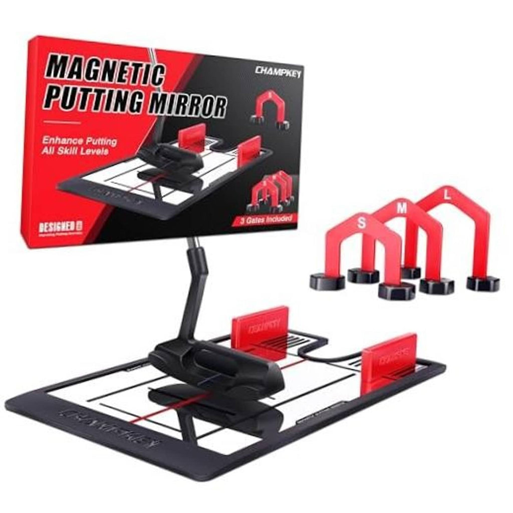 Magnetic putting mirror set with black mat, red gates, and alignment bracket