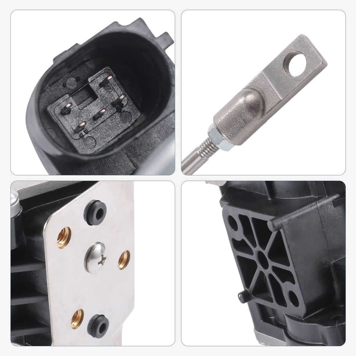 Turbo wastegate actuator detail set showing connector, metal bracket, and housing