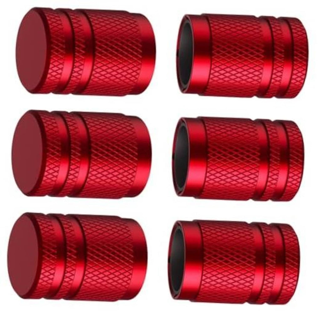 Red metal tire valve stem caps with textured grip, set of 6