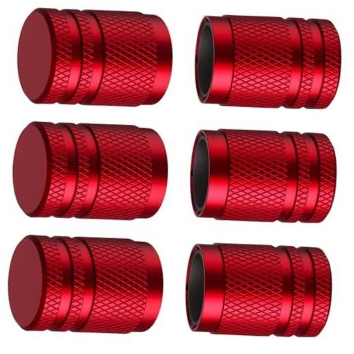 Red metal tire valve stem caps with textured grip, set of 6