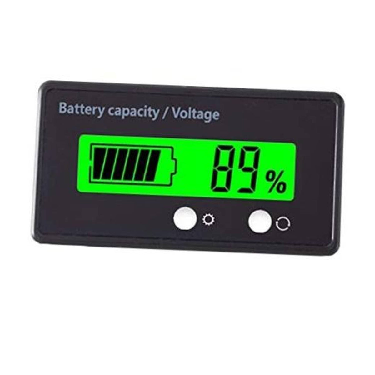 Battery capacity and voltage indicator meter with green LCD showing 89% on black case