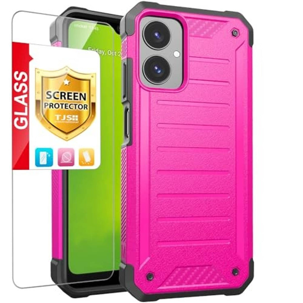 Pink rugged phone case with screen protector, raised edges, dual camera cutouts
