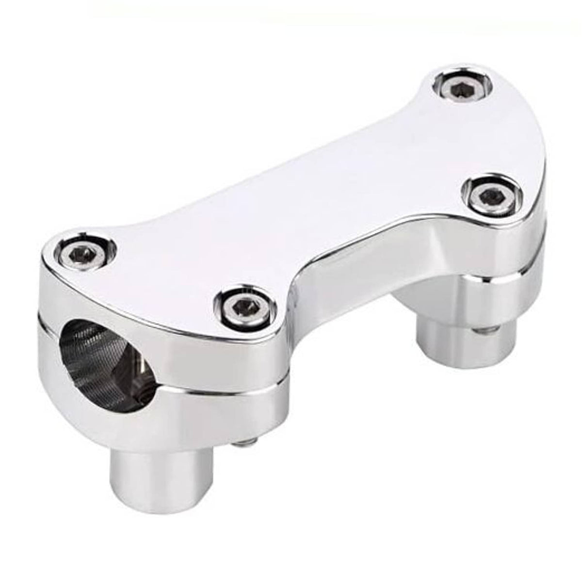 Chrome motorcycle handlebar riser clamp with four hex bolts and raised bar mounts