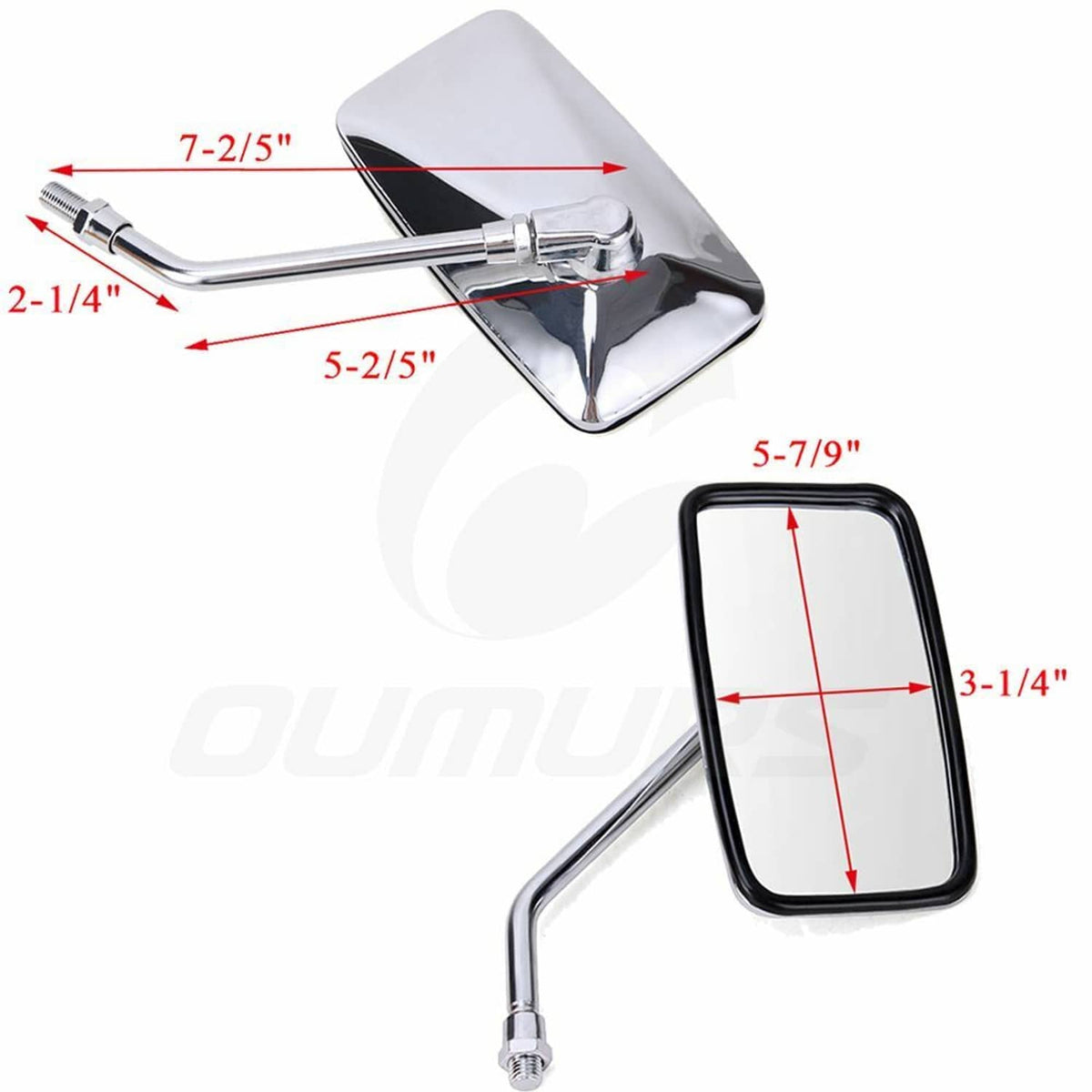 Chrome motorcycle mirrors with black glass and visible dimension guide markings