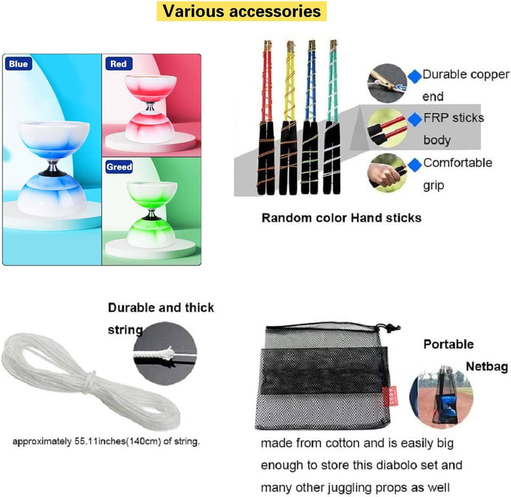 Diabolo set accessories: hand sticks, thick string, and black zip storage net bag.