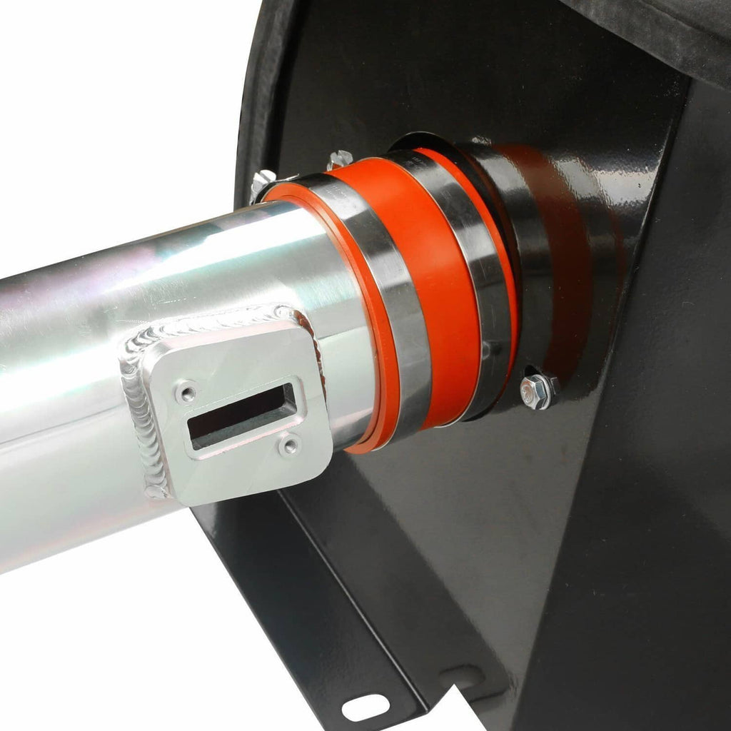 Cold air intake mounting bracket with silver tube and orange filter shield coupler clamps