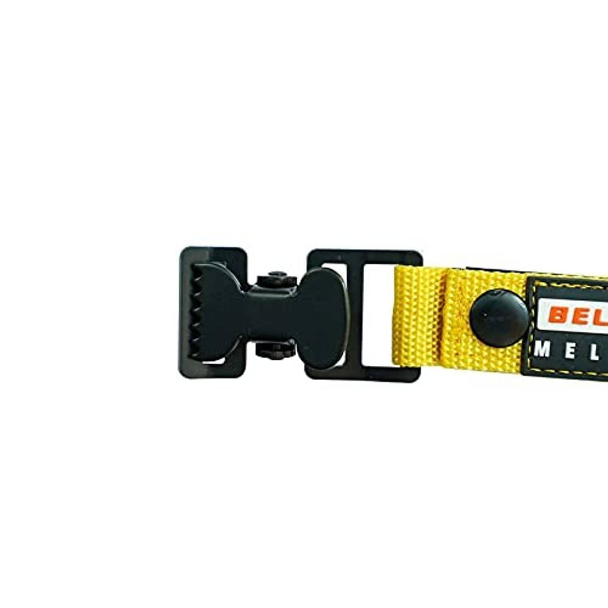 Belt loop glove clip holder end view with yellow webbing and logo label