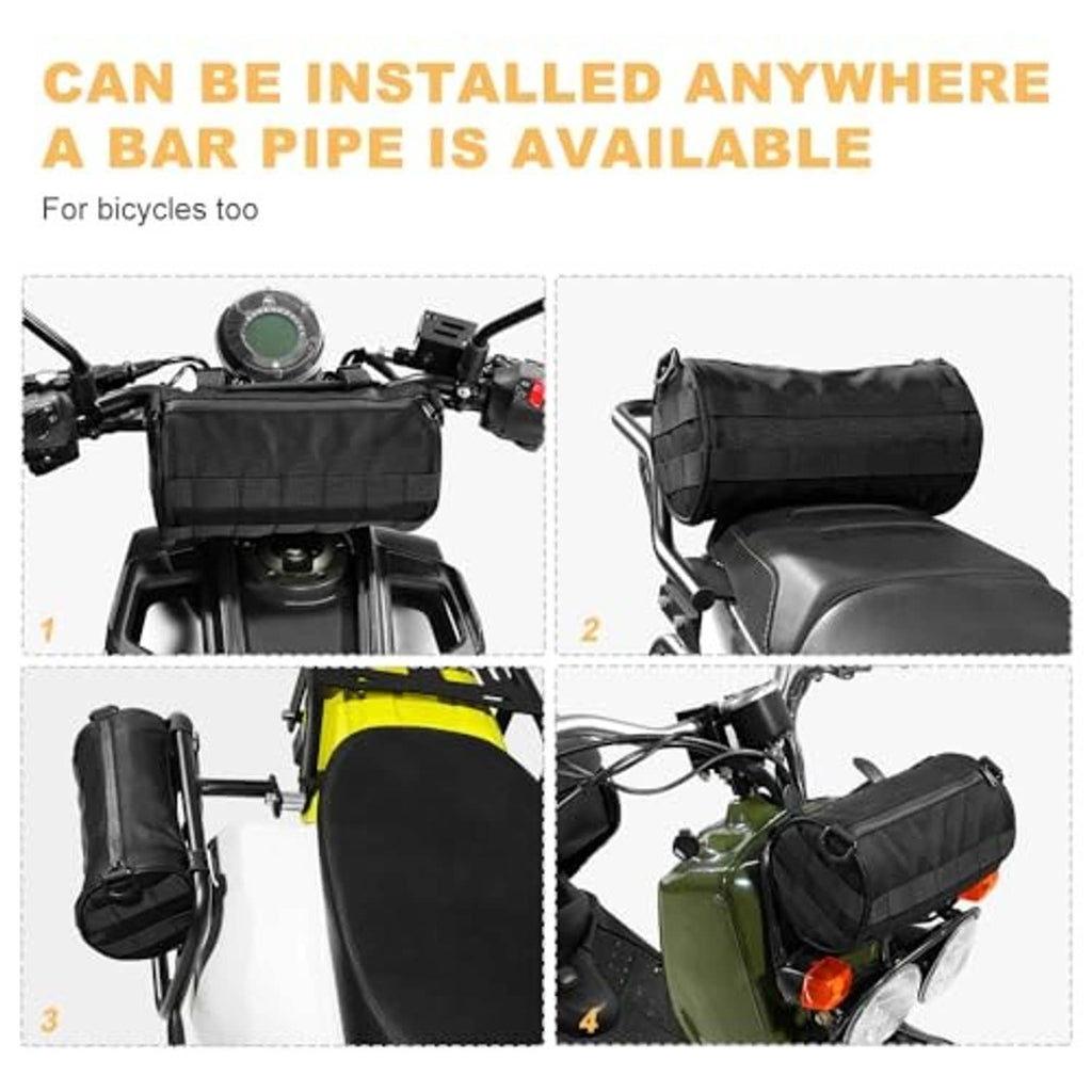 Black motorcycle front mounting bag with adjustable straps attached to the bike