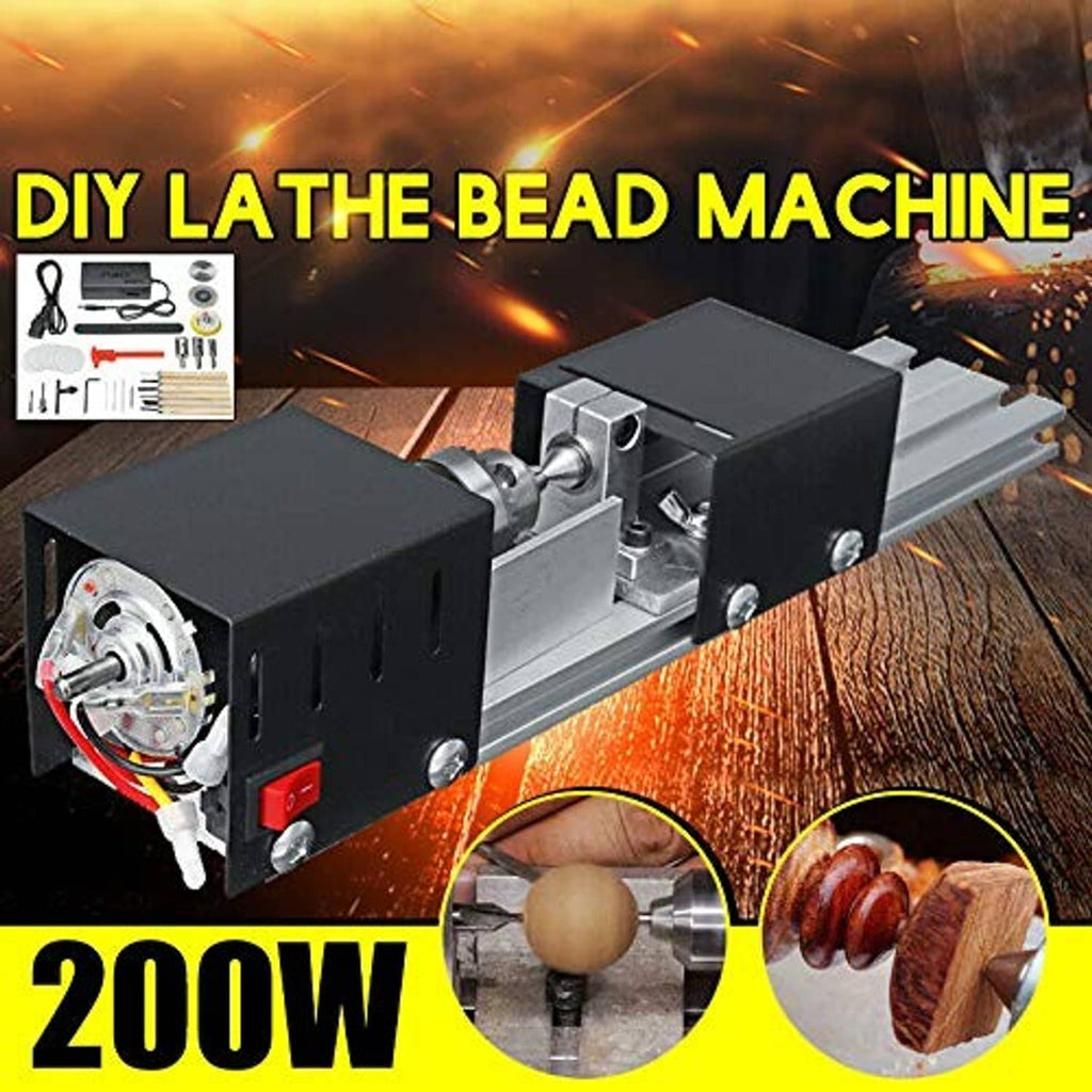 Wood lathe machine on metal rails with motor housing and power switch on side