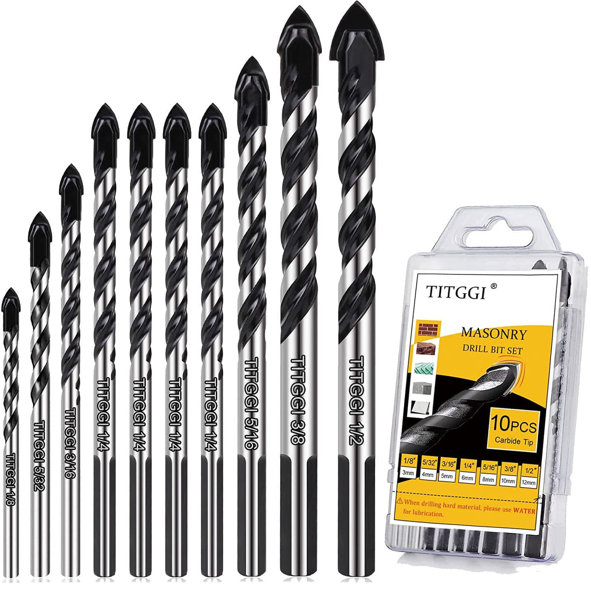Masonry drill bit set with black and silver spiral bits, 10-piece in plastic case