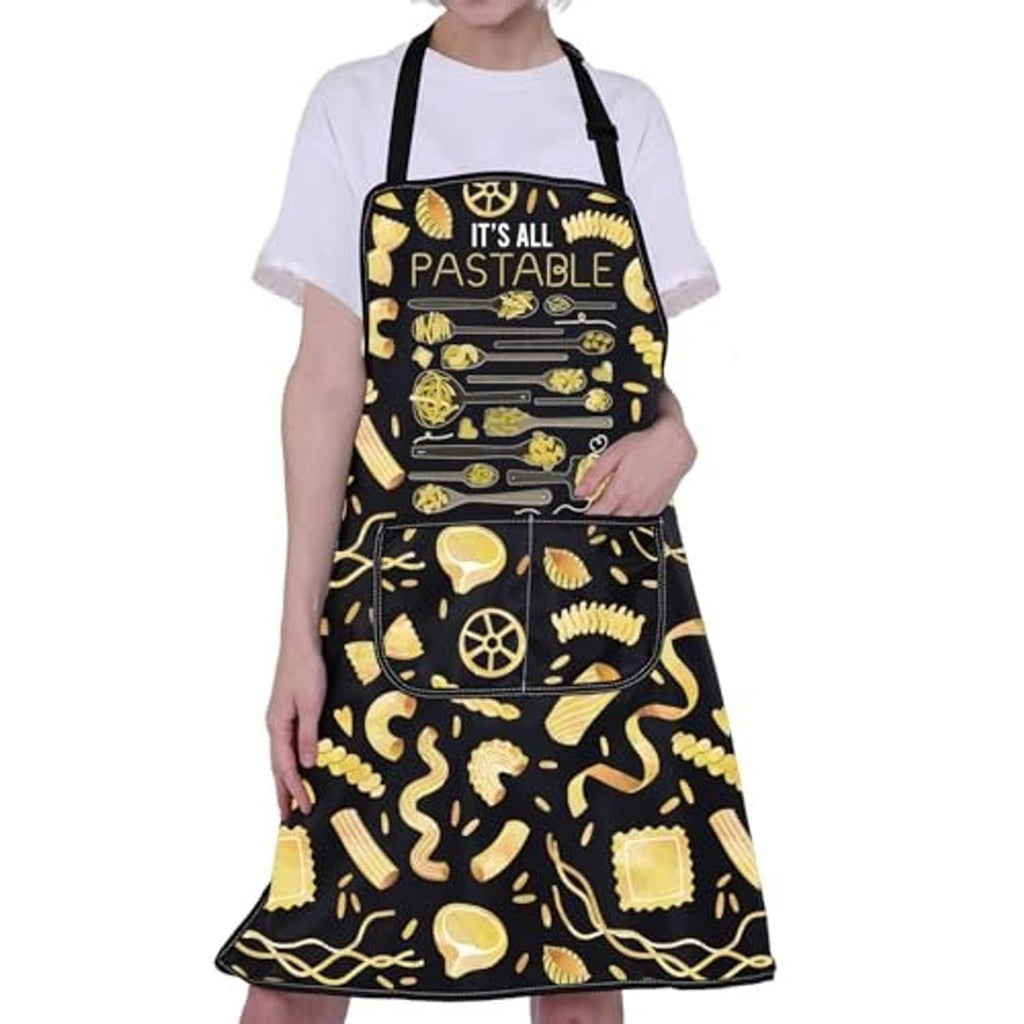 Black pasta pattern apron with 'IT'S ALL PASTABLE' front panel and neck strap