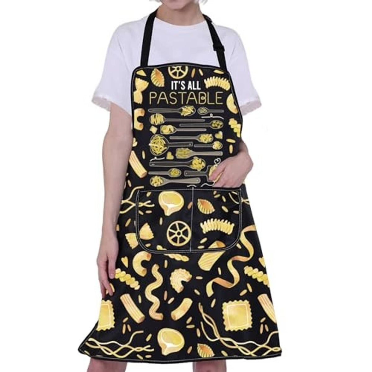 Black pasta pattern apron with 'IT'S ALL PASTABLE' front panel and neck strap
