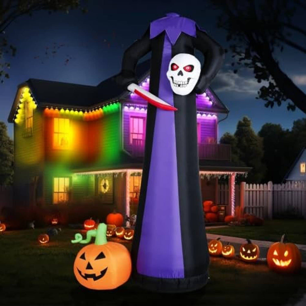 10ft inflatable headless Halloween yard decor with skull face, purple robe, red scythe, lit LEDs