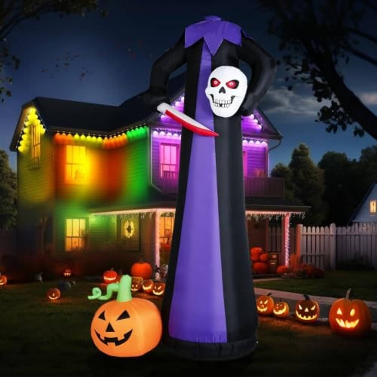 10ft inflatable headless Halloween yard decor with skull face, purple robe, red scythe, lit LEDs