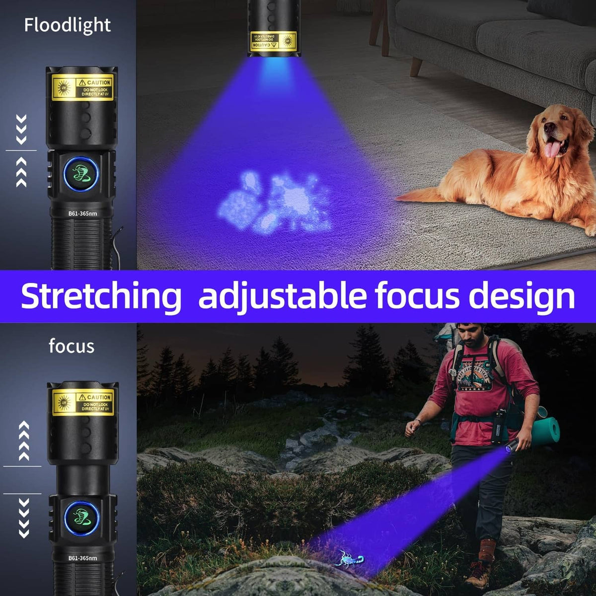Black UV 365nm flashlight emitting a purple UV beam for handheld use