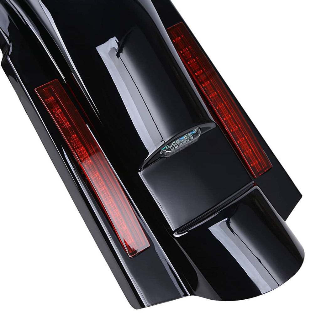 Close-up of black rear fender with red LED strips and clear side marker lens