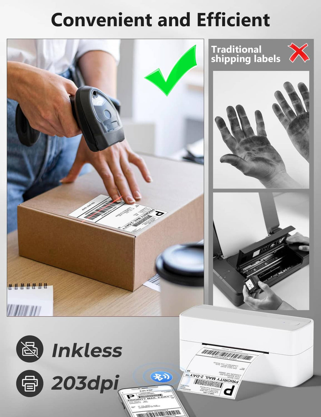 White thermal shipping label printer on a desk with a printed label sample