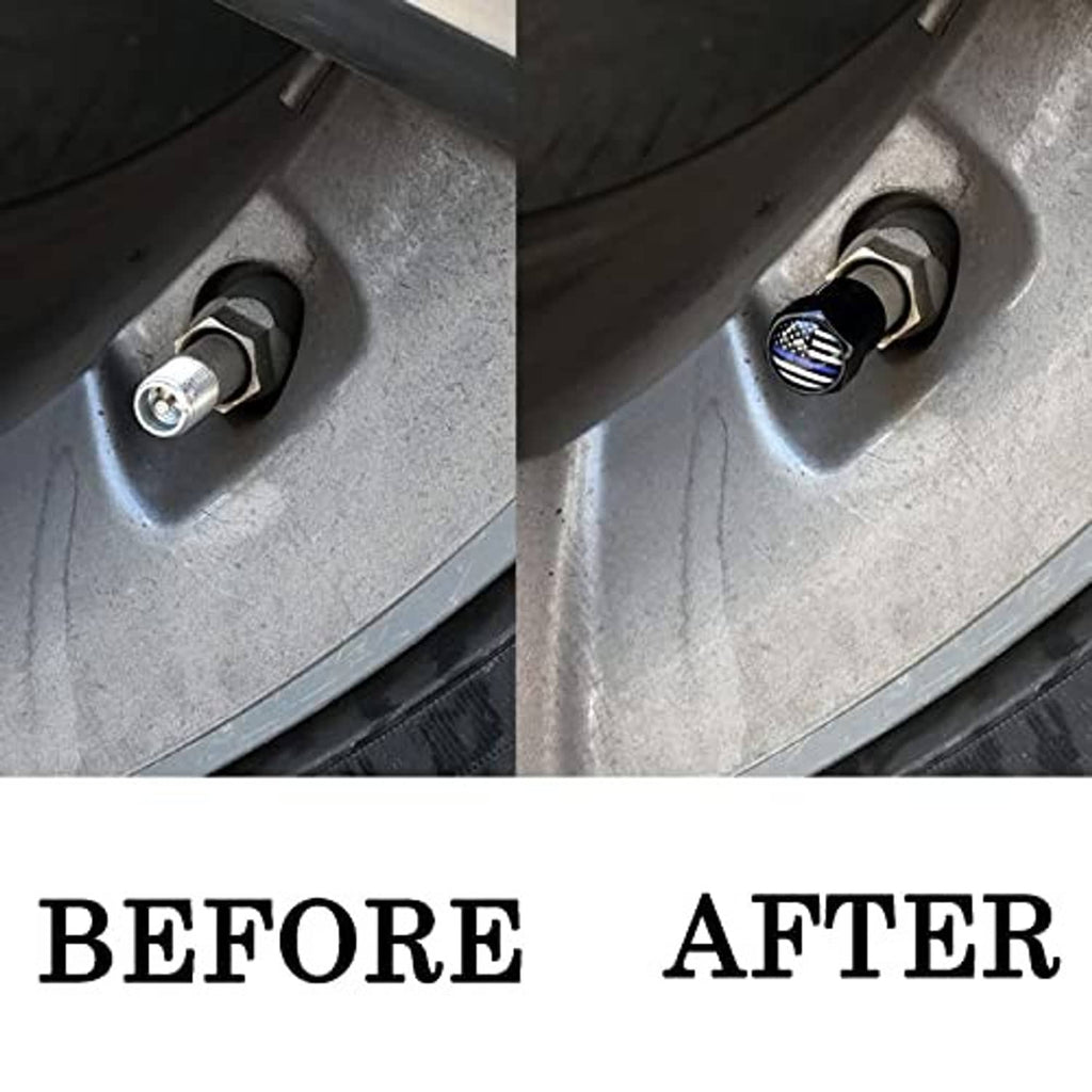 Thin blue line black valve stem caps installed on tire valves on a wheel