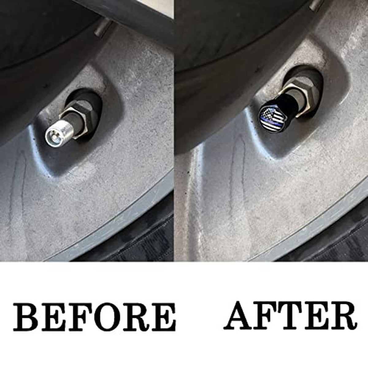Thin blue line black valve stem caps installed on tire valves on a wheel