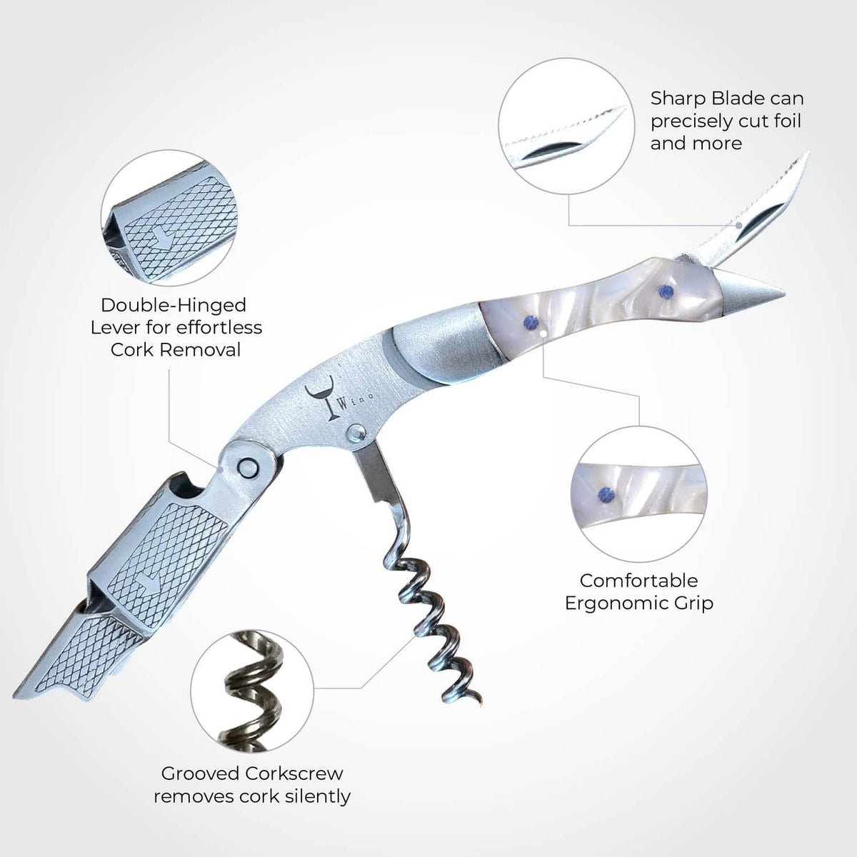 Stainless wine corkscrew with textured lever, grooved spiral, and foil cutter