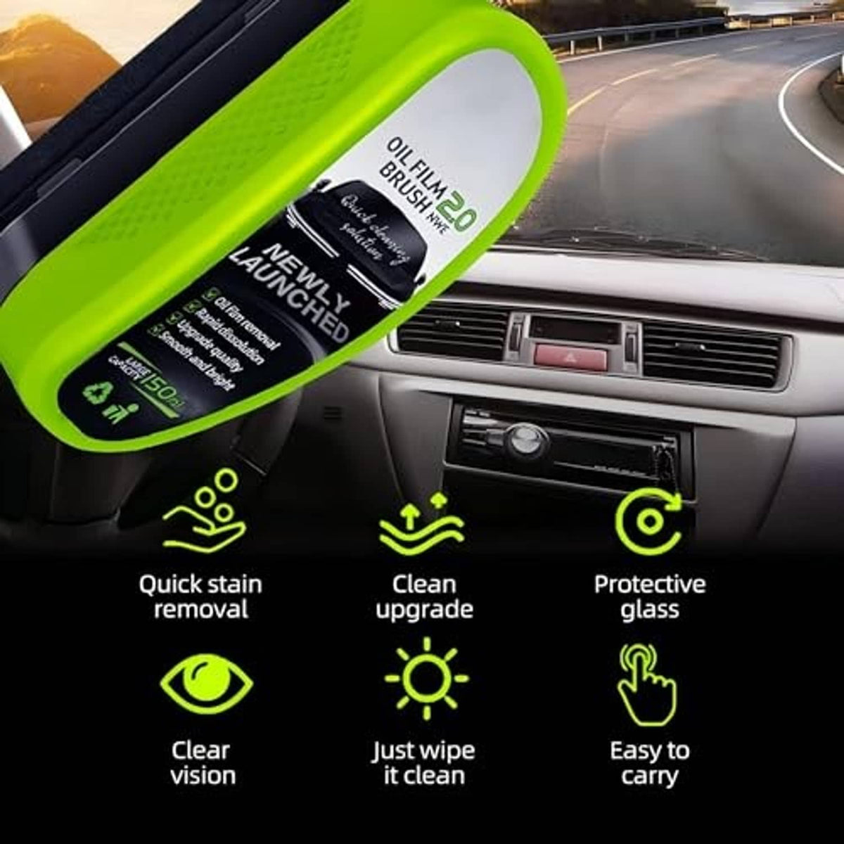 Green windshield cleaning brush on car dashboard with car glass cleaning icons
