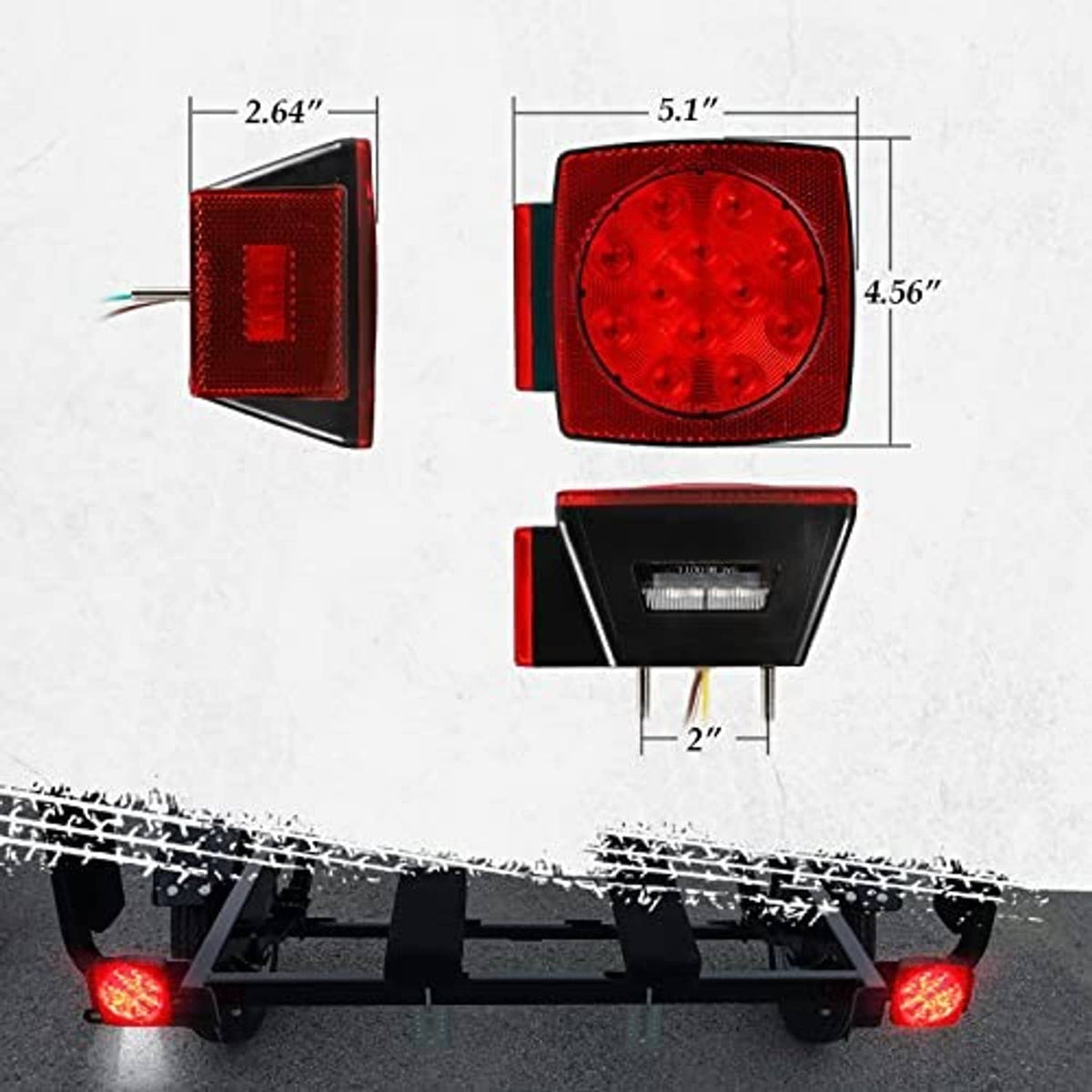 Square red LED trailer lights with black mounts; side view with dimensions shown