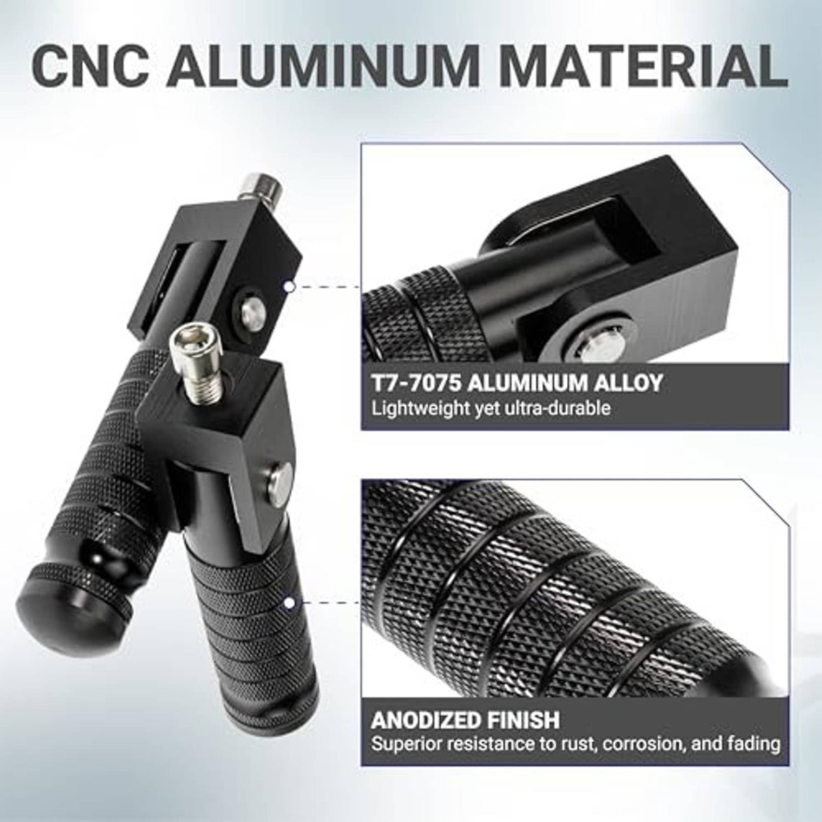 CNC aluminum motorcycle foot peg pair with black anodized finish and knurled grips