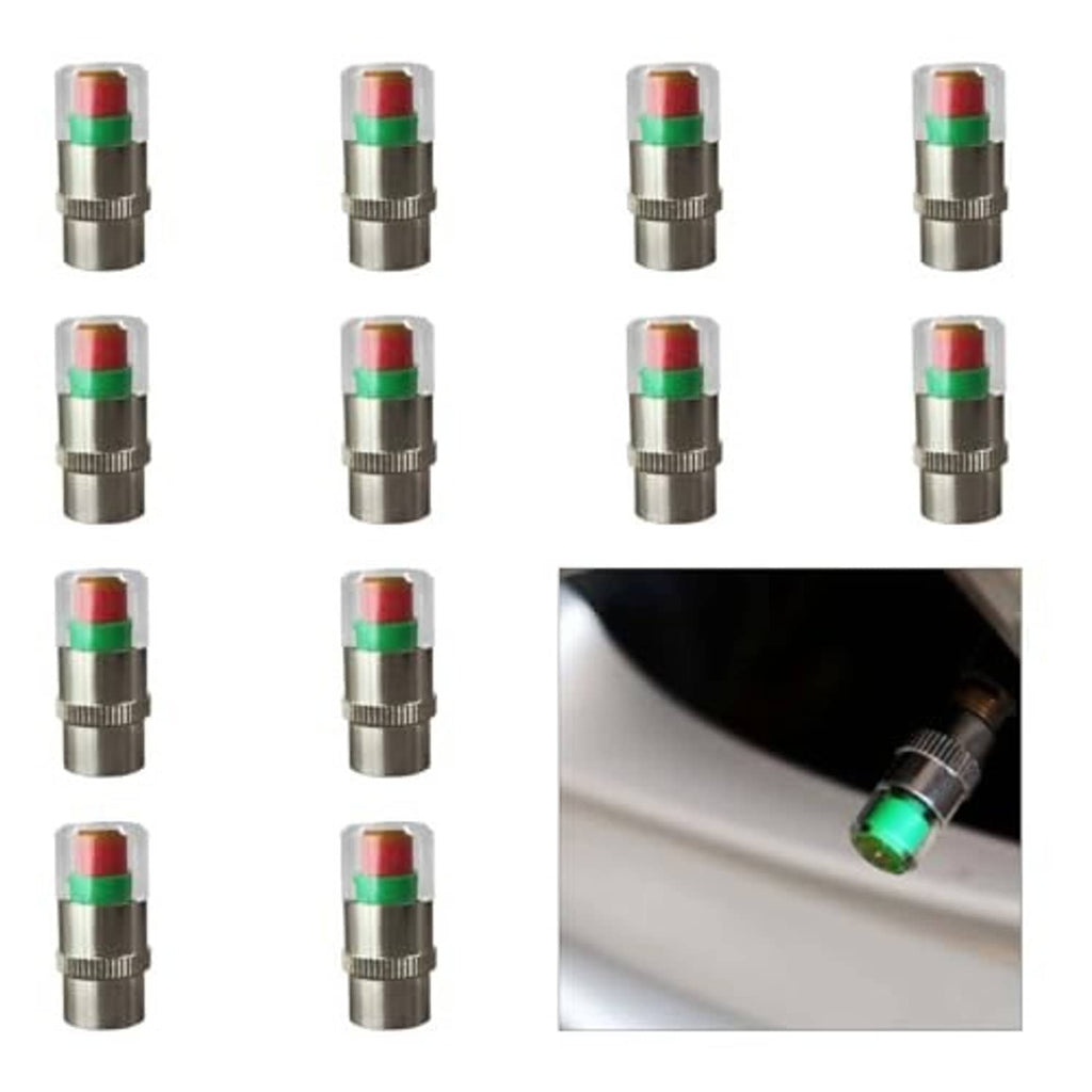 12-pack of silver tire valve stem caps with clear tops and green/amber/red indicator rings