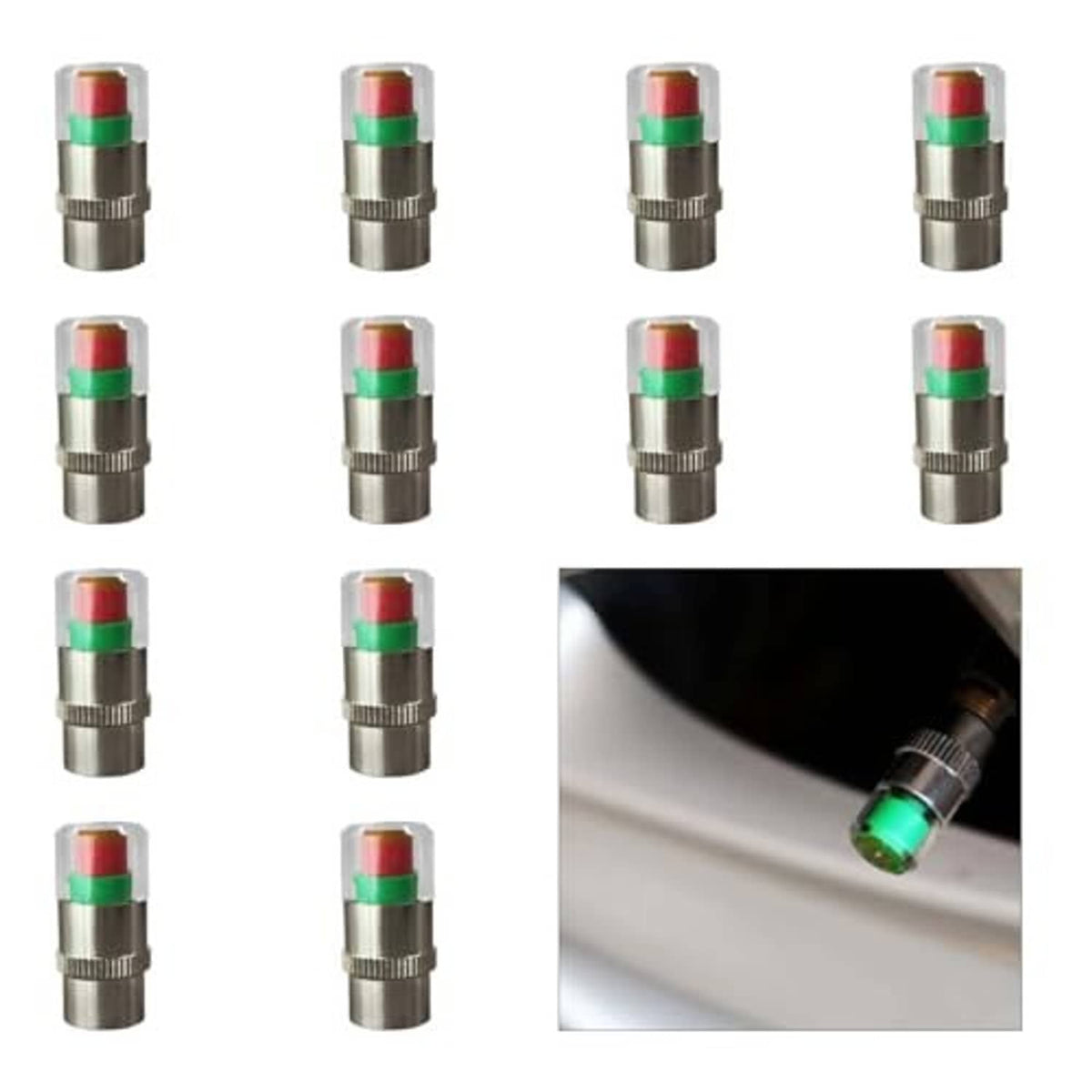 12-pack of silver tire valve stem caps with clear tops and green/amber/red indicator rings