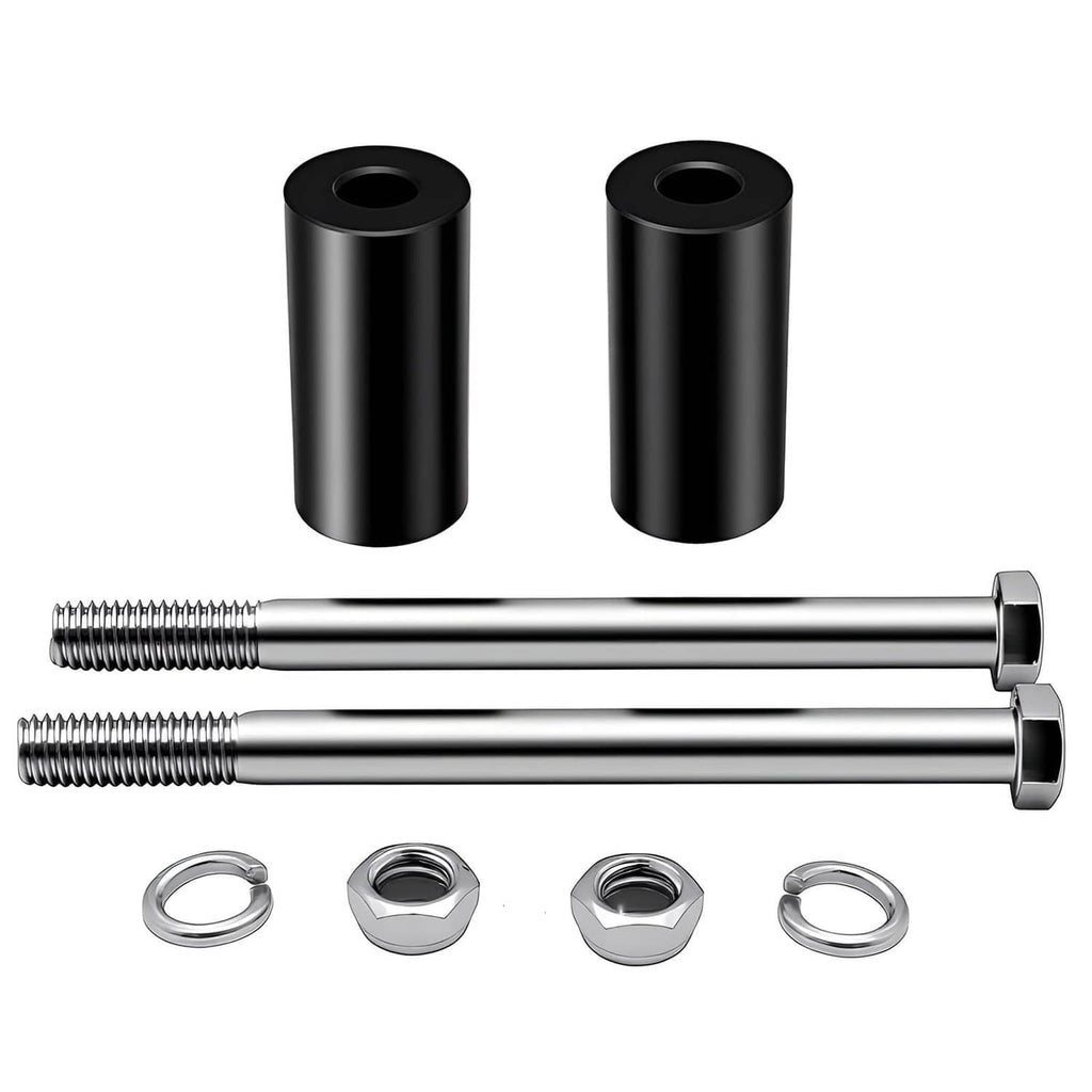 Black 2-inch handlebar riser extension kit with two sleeves, two bolts, and washer set.