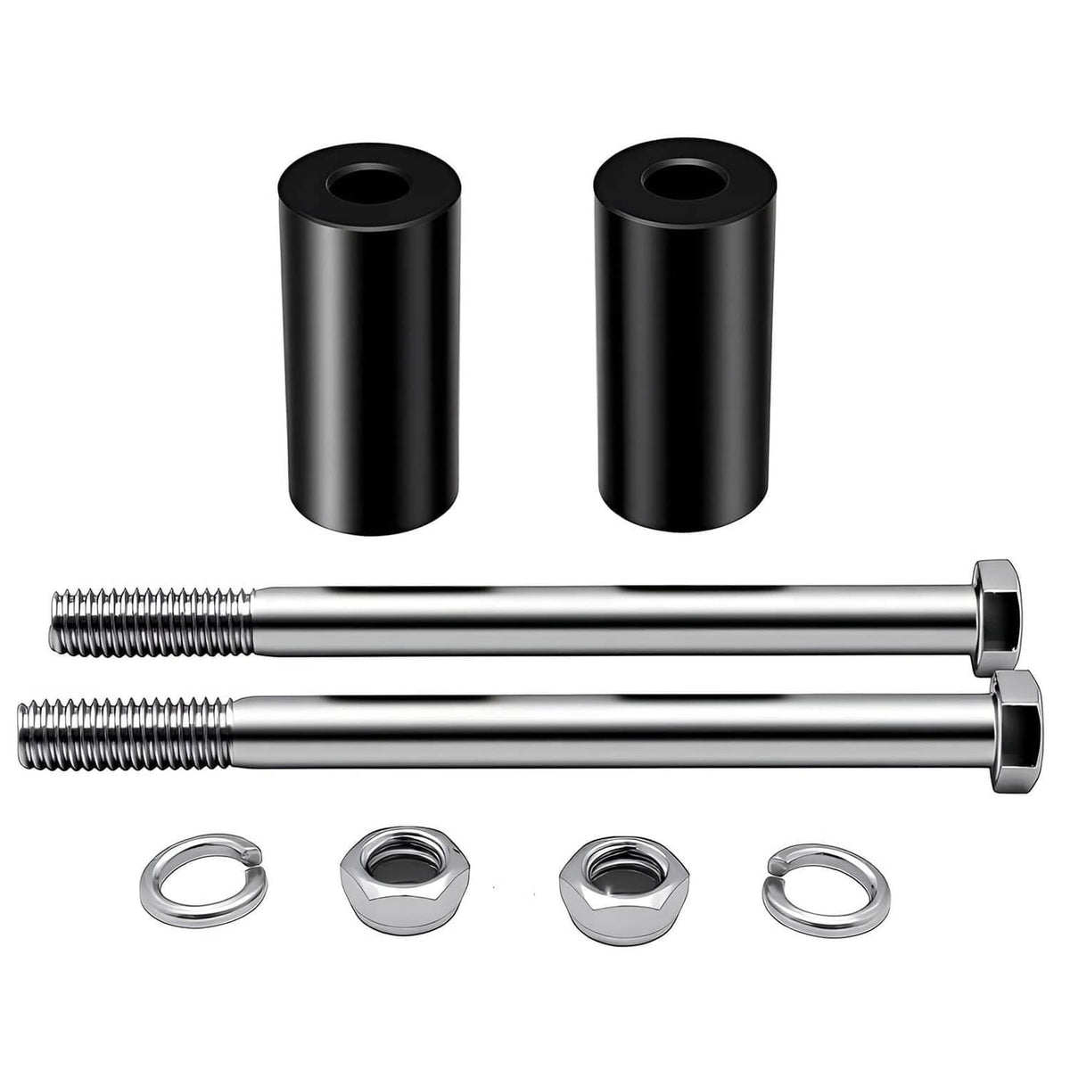 Black 2-inch handlebar riser extension kit with two sleeves, two bolts, and washer set.