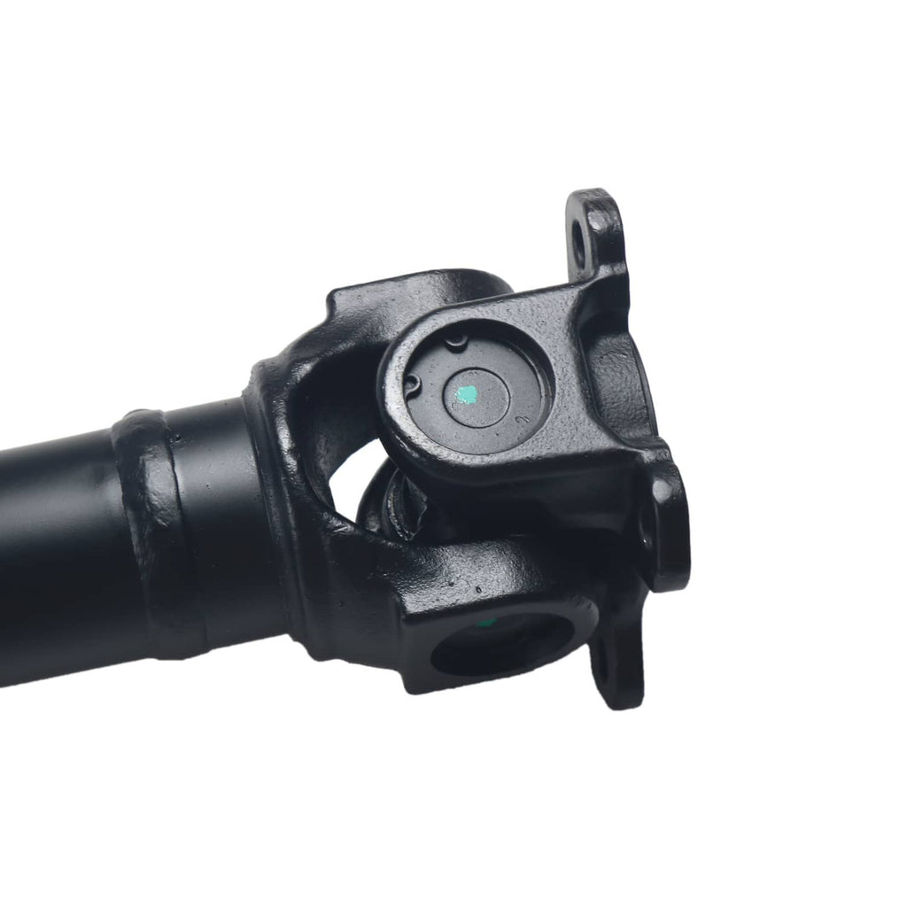 Close-up front driveshaft universal joint yoke with bolt-mounting ears