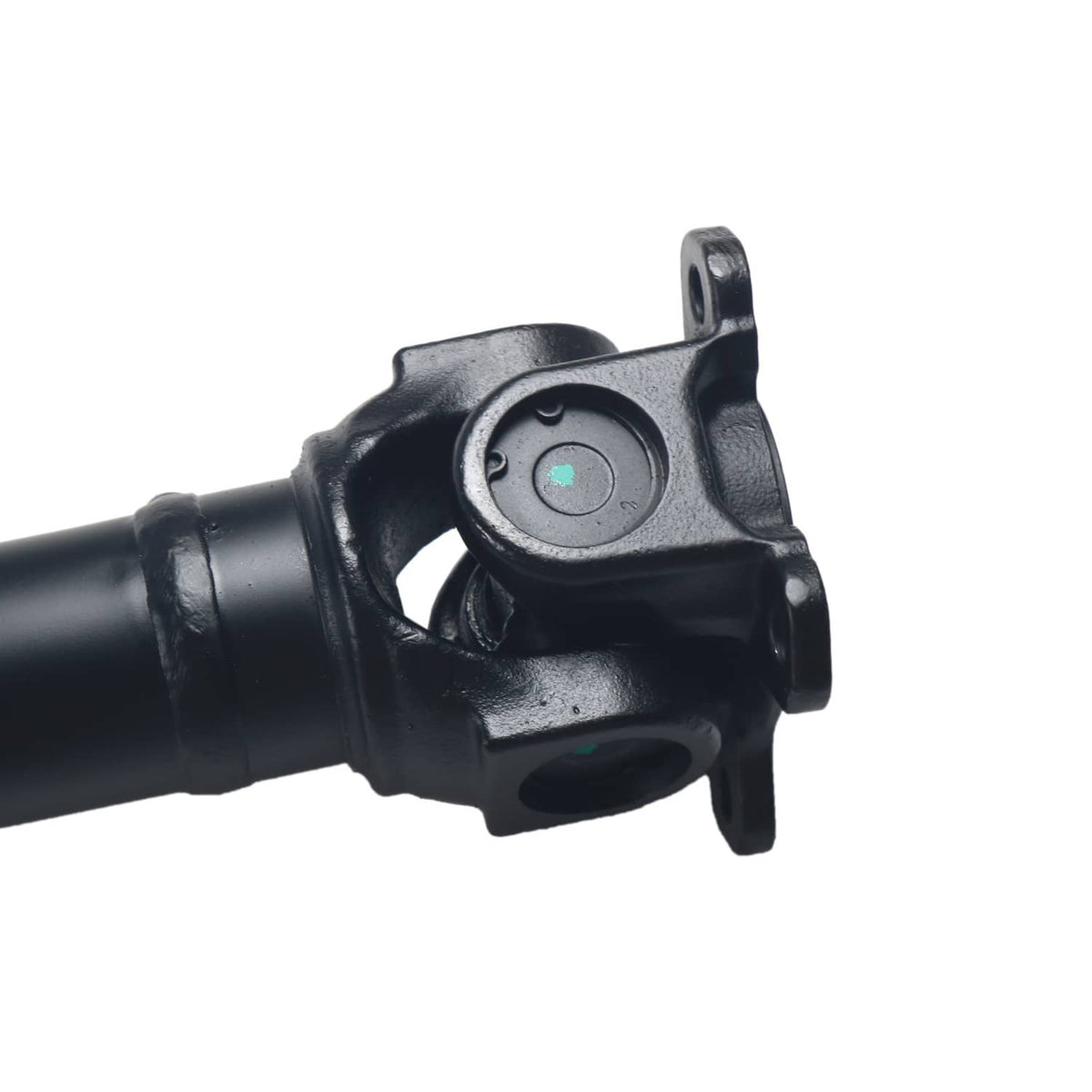 Close-up front driveshaft universal joint yoke with bolt-mounting ears