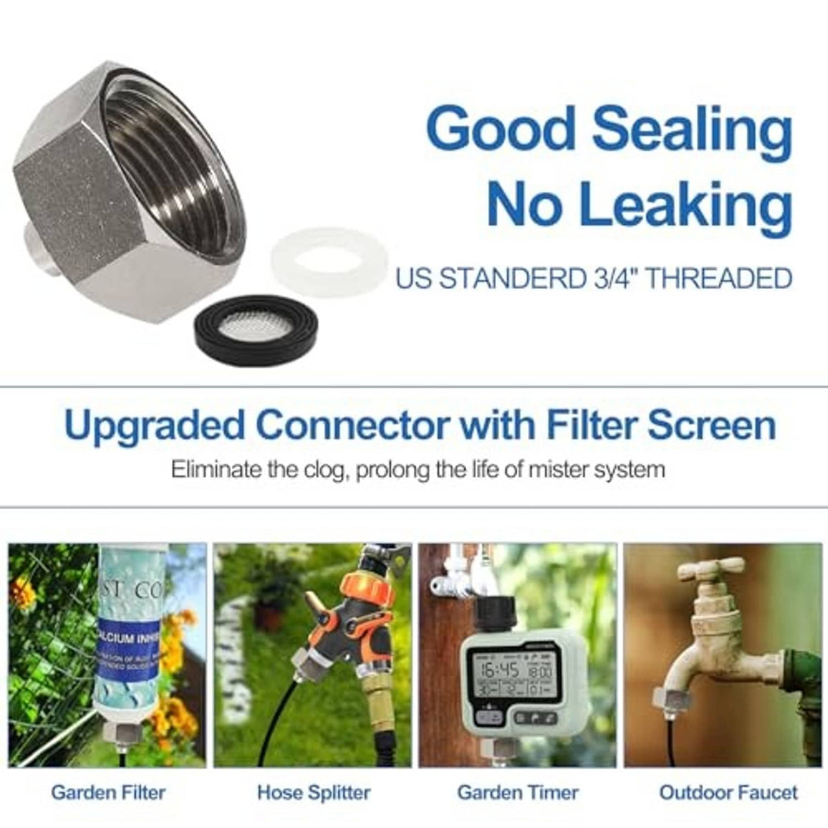 3/4 in threaded connector with filter screen for leak-free outdoor misting system