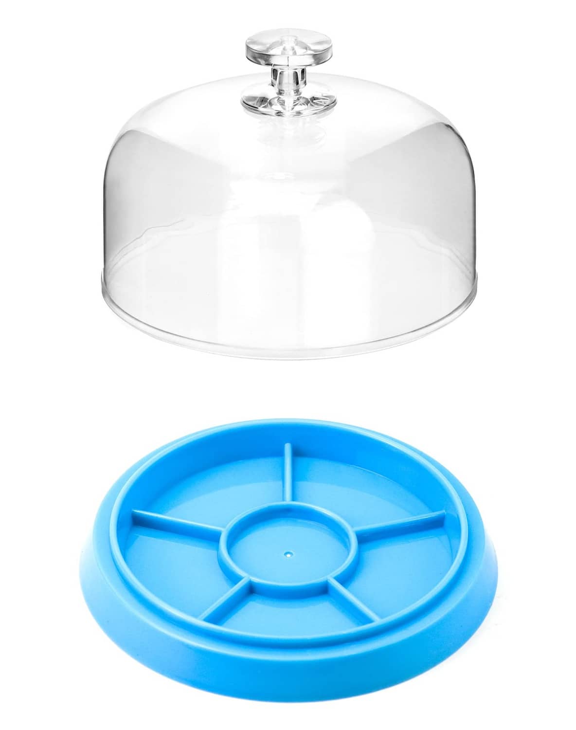Blue anti-dust tray with center knob and divider slots, covered by clear dome