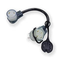 Dryer outlet adapter cord with 4-prong connector and two 3-prong outlets