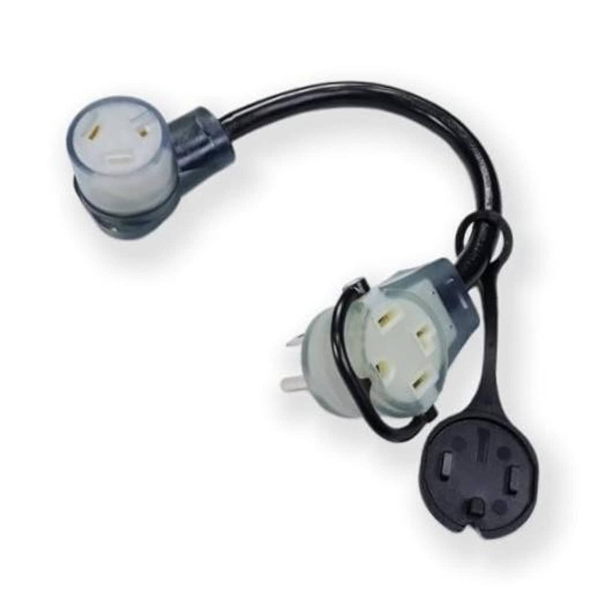 Dryer outlet adapter cord with 4-prong connector and two 3-prong outlets