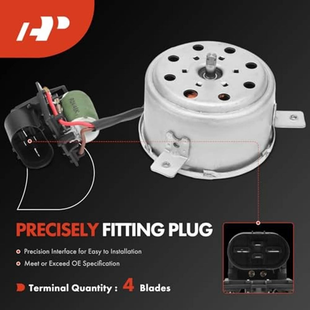 Radiator cooling fan motor with silver top plate and electrical connector plug