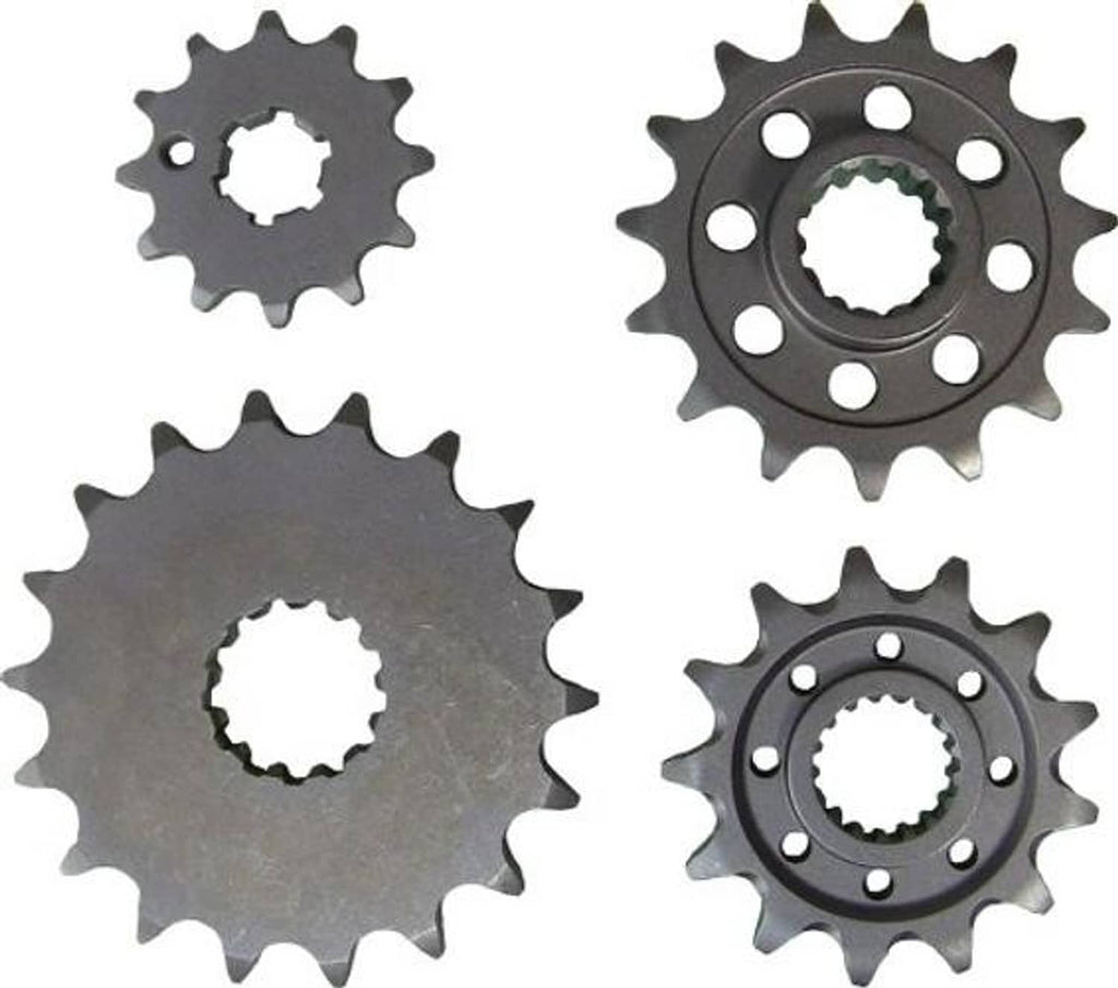 Black steel 13T front sprocket pair, front and reverse views with bolt holes