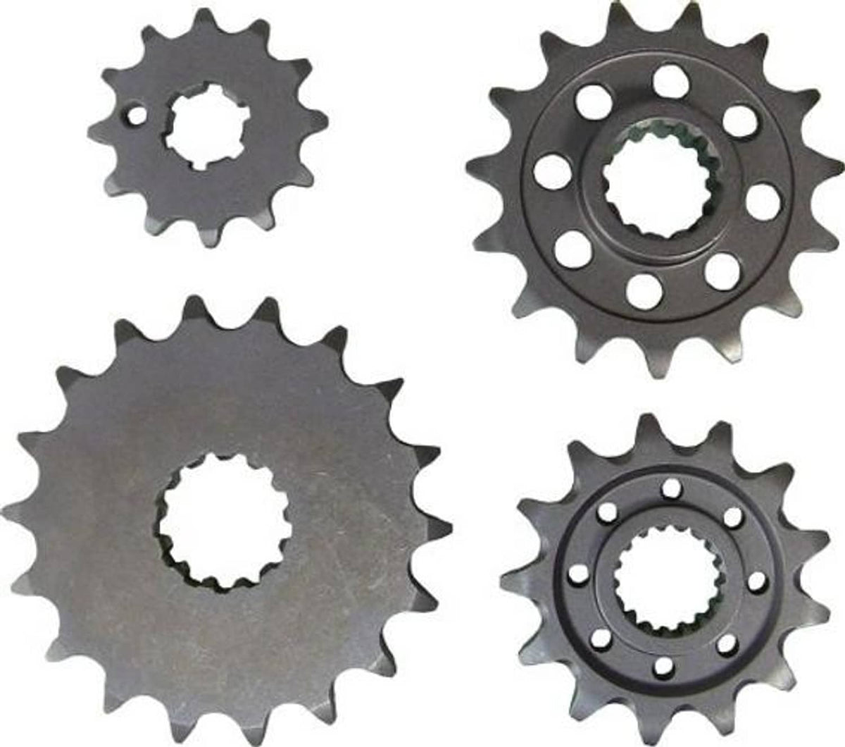 Black steel 13T front sprocket pair, front and reverse views with bolt holes