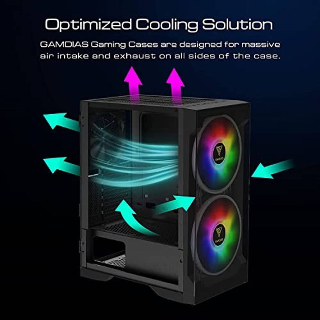Black PC case airflow design with dual RGB ARGB fans and airflow arrows